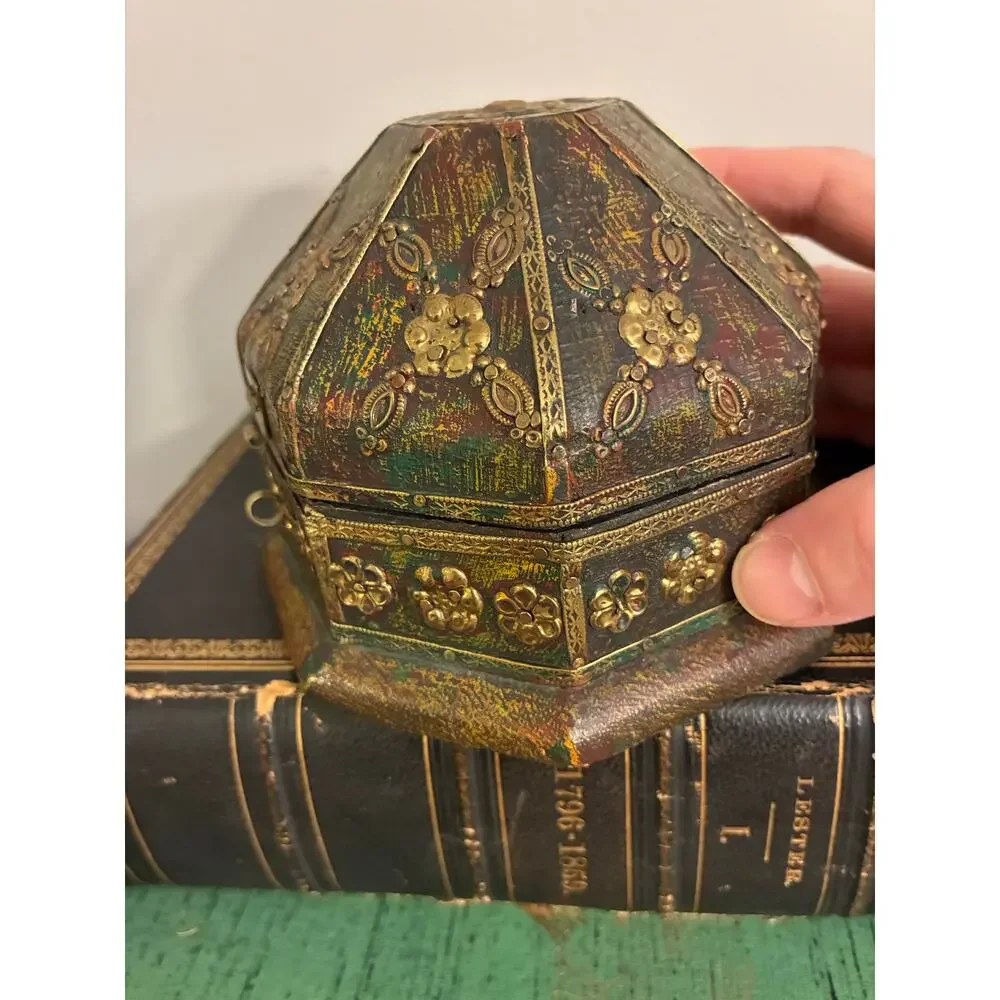 Vintage Hand Painted Octagonal Trinket Box - Embossed Brass Floral Jewelry Box